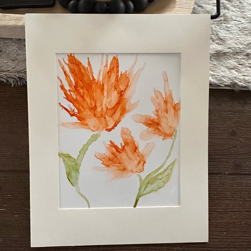 Hand crafted original orange botanical abstract floral wall decor painting